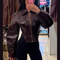 Zarelle – Cropped Faux Leather Zip Jacket