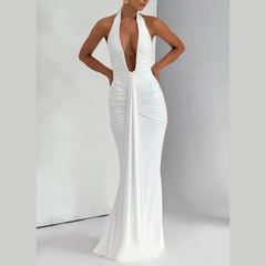 Alessia – Plunge Ruched Halter Maxi Dress