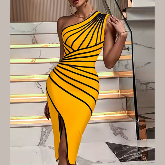 Miley - Vestido de vendaje de un hombro a rayas amarillas