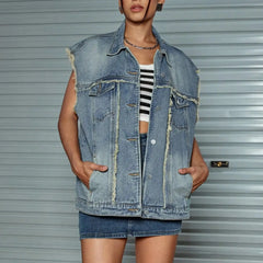 Lisette - Blaue, einreihige Jeansweste mit lockerer Passform