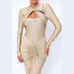 Agnola - Vestido de champán Ruched Maxi Bodycon