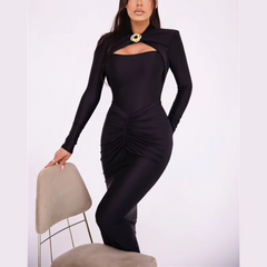 Agnola - Svart Utskuren Rynkad Maxi Bodycon Klänning