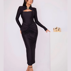 Agnola - Svart Utskuren Rynkad Maxi Bodycon Klänning