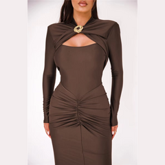 Agnola - Brun Utskuren Rynkad Maxi Bodycon Klänning