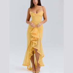 Clementine - Gelbes, drapiertes Maxikleid mit Rüschen