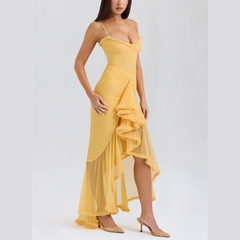 Clementine - Gelbes, drapiertes Maxikleid mit Rüschen