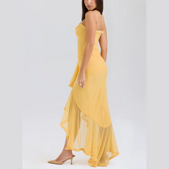 Clementine - Gelbes, drapiertes Maxikleid mit Rüschen