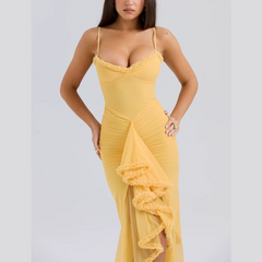 Clementine - Gelbes, drapiertes Maxikleid mit Rüschen