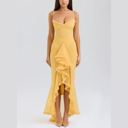 Clementine - Vestido maxi ruchado con ruido amarillo con volantes