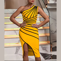 Miley - Vestido de vendaje de un hombro a rayas amarillas
