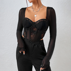 Ginevra – Schwarzes, transparentes Netz- und Spitzen-Crop-Top