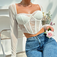 Ginevra – Weißes, transparentes Netz- und Spitzen-Crop-Top