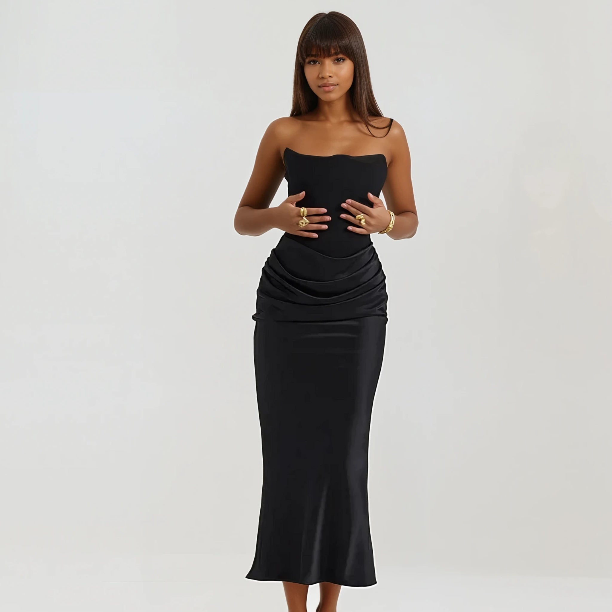 Viviana - Black Strapless Faux Suede Corset & Satin Dress Viviana - Black Strapless Faux Suede Corset & Satin Dress