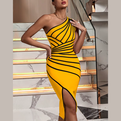 Miley - Vestido de vendaje de un hombro a rayas amarillas