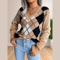 Lunetta - beige argyle tejido en V suéter