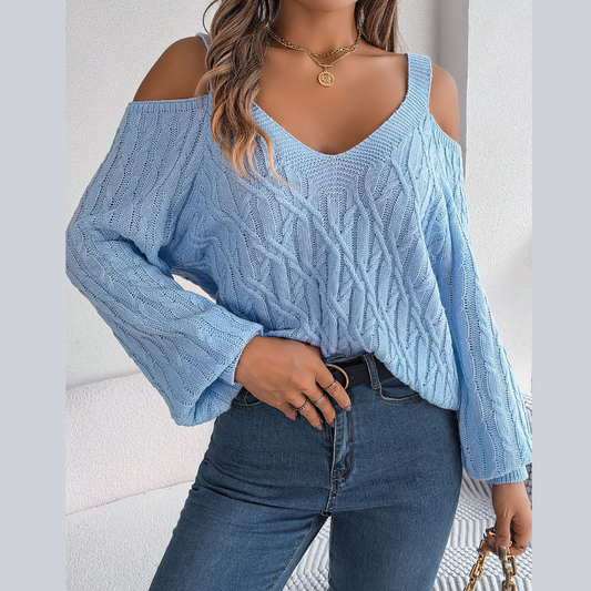 Ombretta - Blå V-ringad tröja med kall axel