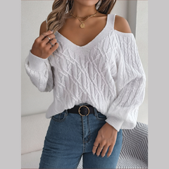 Ombretta - White Cold Shoulder V Neck Sweater