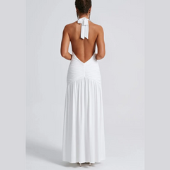 Rosalia - Vestido maxi sin espalda de cuello blanco vyer de Halter.