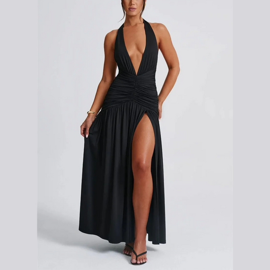 Rosalia - vestido maxi sin espalda sin cuello negro de Halter Deep V Halter