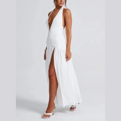 Rosalia - Vestido maxi sin espalda de cuello blanco vyer de Halter.
