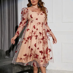 Eliette - Plus Size Apricot Puff Sleeve Butterfly Dress