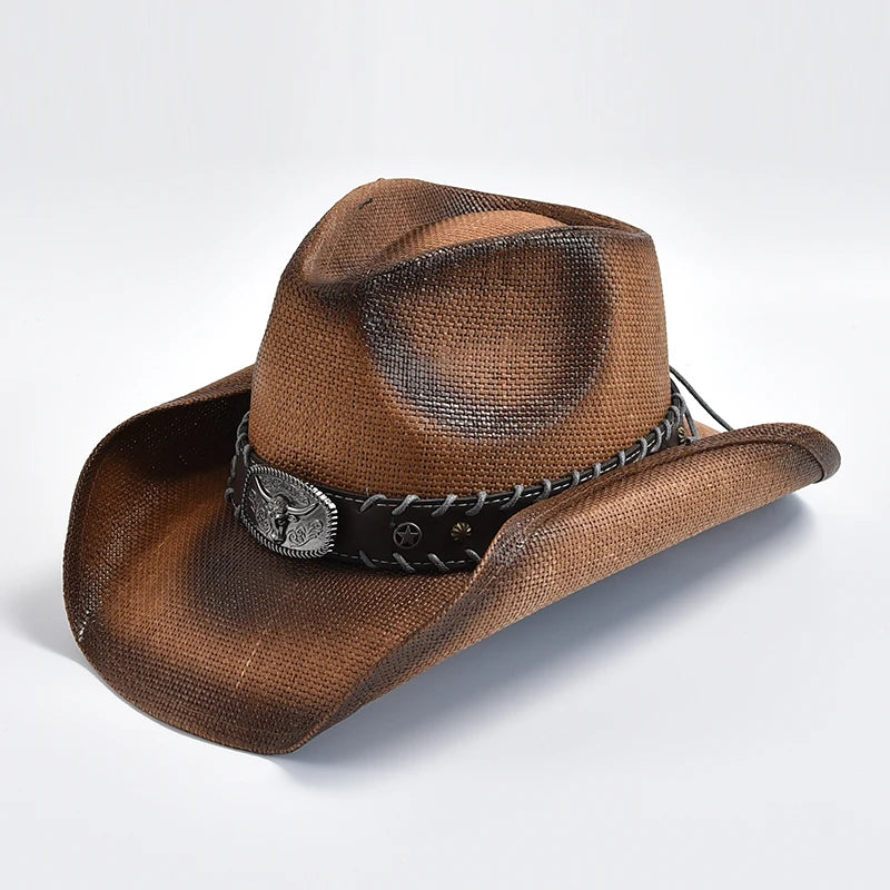 Brown cowboy hat with a decorative band on a white background