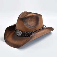 Brown cowboy hat with a decorative band on a white background