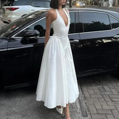 Liora - White Halter A-Line Midi Dress