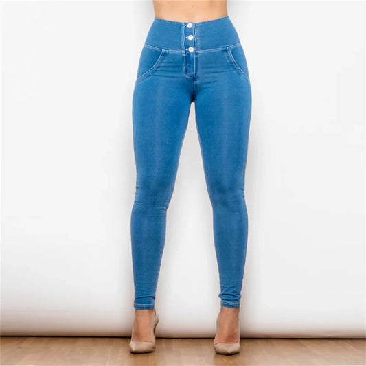 Cheeky Blue Button High Waist Butt Lift Jeggings