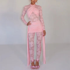 Roya - Sheer Lace Draped Jumpsuit