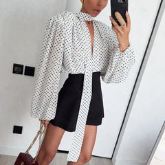 Ilianna - Polka Dot Chiffon Tie-Neck Blouse
