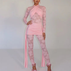 Roya - Sheer Lace Draped Jumpsuit