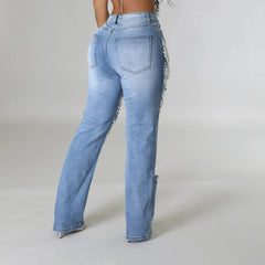 Nina - Ripped Pearl Rhinestones Jeans