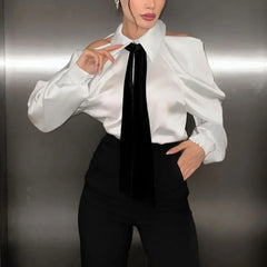 Quinley - Cold Shoulder Satin Blouse with Contrast Tie