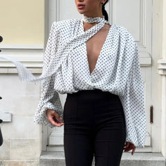 Ilianna - Polka Dot Chiffon Tie-Neck Blouse