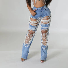 Nina - Ripped Pearl Rhinestones Jeans