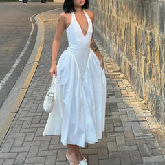 Liora - White Halter A-Line Midi Dress