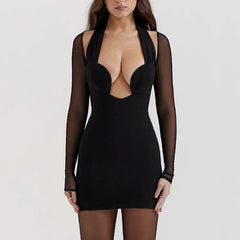 Tanya - Svart Meshklänning med Halterneck och Låg Urringning