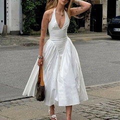 Liora - White Halter A-Line Midi Dress