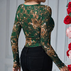 Aviana - Green Floral Print Lace Corset Style Bodysuit