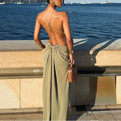 Solenne – Plunge Draped Open Back Maxi Dress