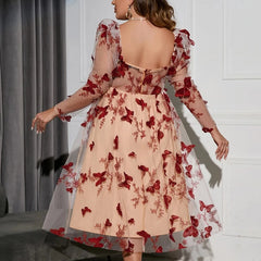 Eliette - Plus Size Apricot Puff Sleeve Butterfly Dress