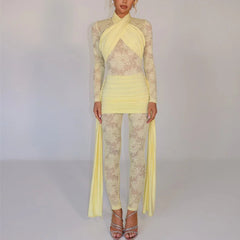 Roya - Sheer Lace Draped Jumpsuit