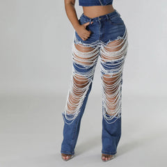 Nina - Ripped Pearl Rhinestones Jeans