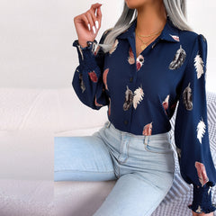 Brie - blusa de linterna de impresión de hoja azul