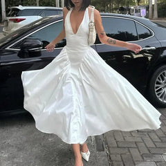 Liora - White Halter A-Line Midi Dress