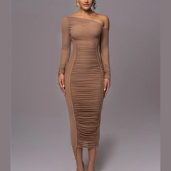 Gianna - Vestido Bodycon Ruched Bodycon de malla marrón un hombro