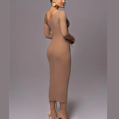 Gianna - Vestido Bodycon Ruched Bodycon de malla marrón un hombro