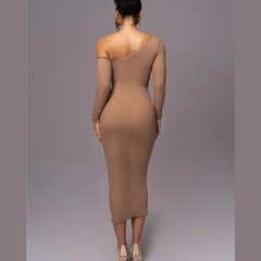Gianna - Vestido Bodycon Ruched Bodycon de malla marrón un hombro
