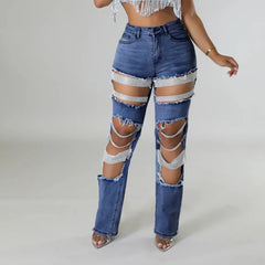 Zyphira – Rhinestone Distressed High Waist Jeans